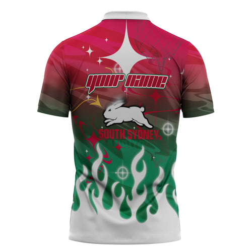 Personalized South Sydney Rabbitohs Zipper Polo Shirt Y2K Grunge Aesthetic With Cyber Flames and Starburst Graphics