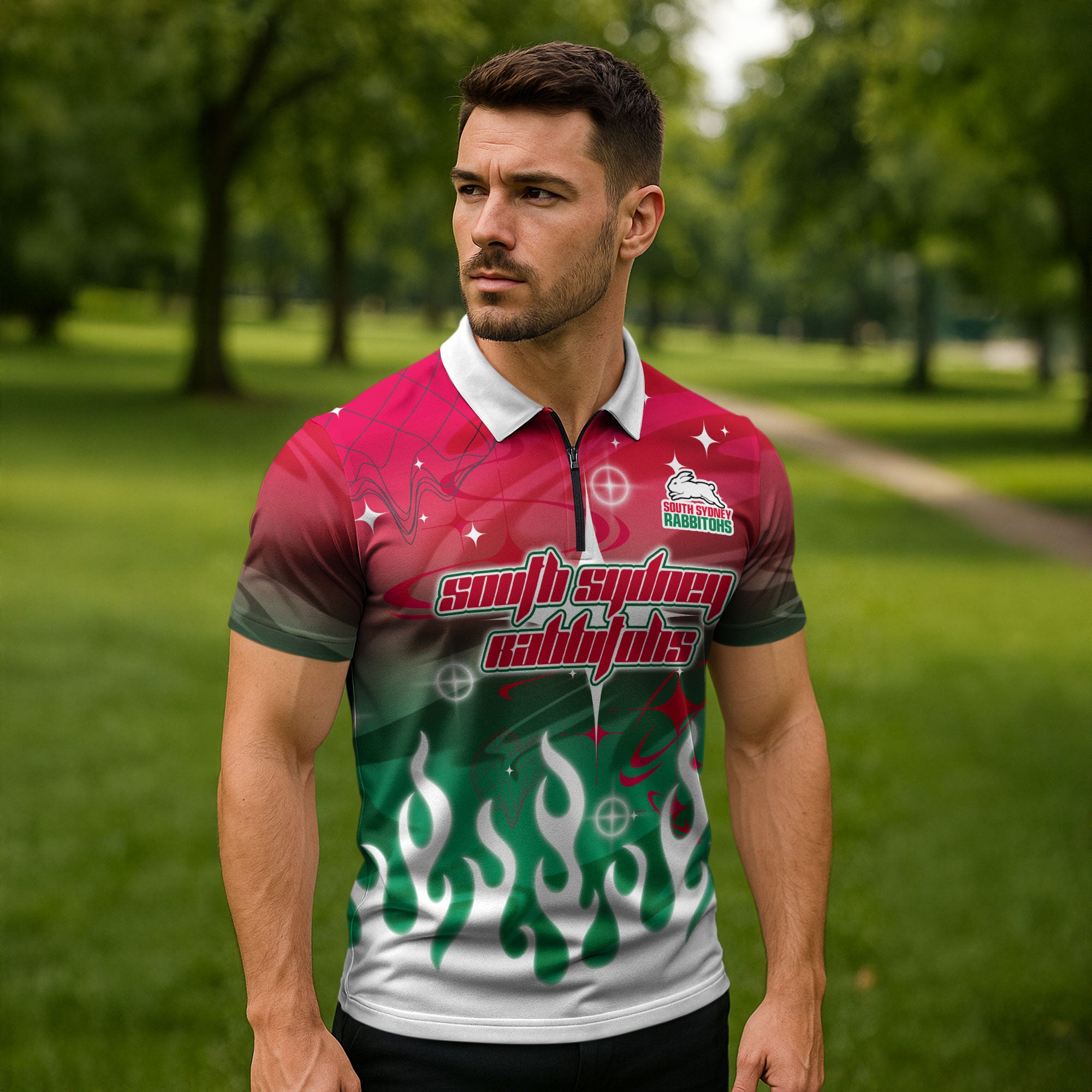 Personalized South Sydney Rabbitohs Zipper Polo Shirt Y2K Grunge Aesthetic With Cyber Flames and Starburst Graphics