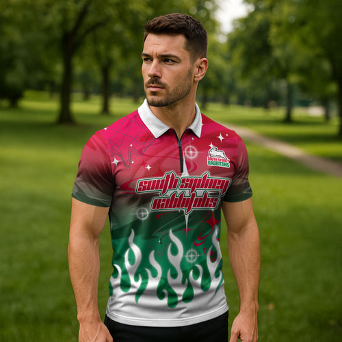 Personalized South Sydney Rabbitohs Zipper Polo Shirt Y2K Grunge Aesthetic With Cyber Flames and Starburst Graphics