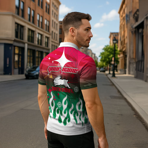 Personalized South Sydney Rabbitohs Zipper Polo Shirt Y2K Grunge Aesthetic With Cyber Flames and Starburst Graphics