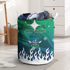 Personalized Canberra Raiders Laundry Basket Y2K Grunge Aesthetic With Cyber Flames and Starburst Graphics