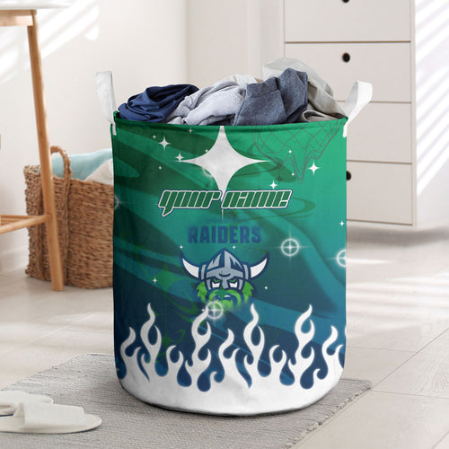 Personalized Canberra Raiders Laundry Basket Y2K Grunge Aesthetic With Cyber Flames and Starburst Graphics