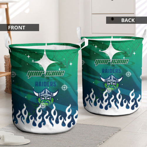 Personalized Canberra Raiders Laundry Basket Y2K Grunge Aesthetic With Cyber Flames and Starburst Graphics