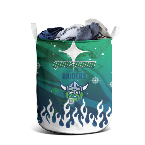 Personalized Canberra Raiders Laundry Basket Y2K Grunge Aesthetic With Cyber Flames and Starburst Graphics