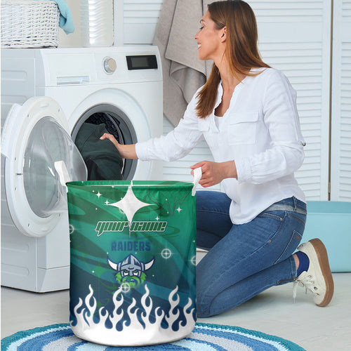 Personalized Canberra Raiders Laundry Basket Y2K Grunge Aesthetic With Cyber Flames and Starburst Graphics