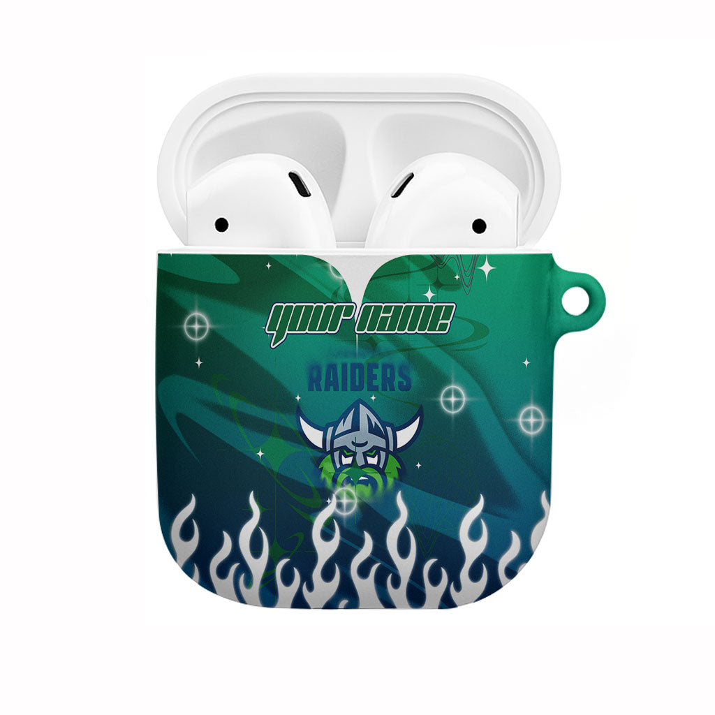 Personalized Canberra Raiders AirPods Case Y2K Grunge Aesthetic With Cyber Flames and Starburst Graphics