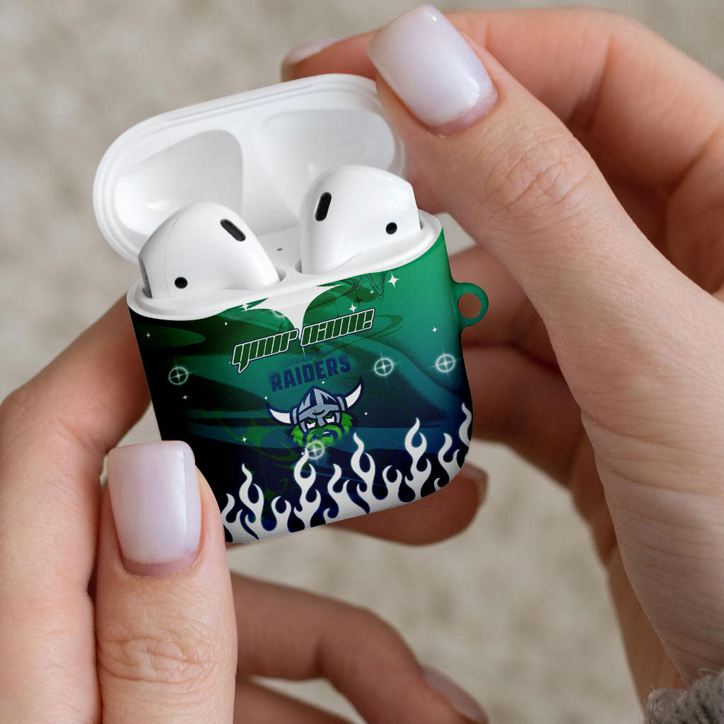 Personalized Canberra Raiders AirPods Case Y2K Grunge Aesthetic With Cyber Flames and Starburst Graphics