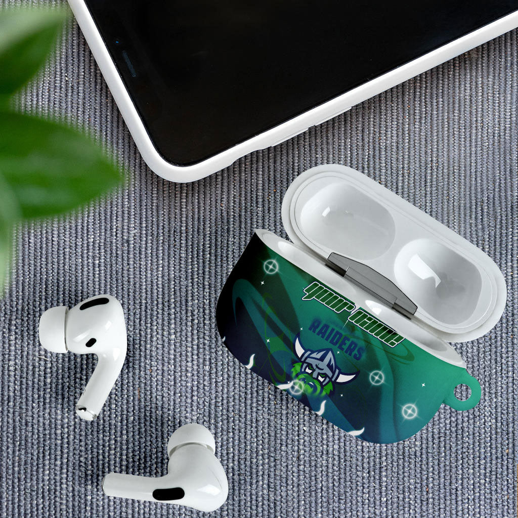 Personalized Canberra Raiders AirPods Case Y2K Grunge Aesthetic With Cyber Flames and Starburst Graphics