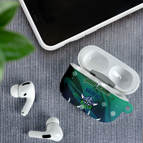 Personalized Canberra Raiders AirPods Case Y2K Grunge Aesthetic With Cyber Flames and Starburst Graphics