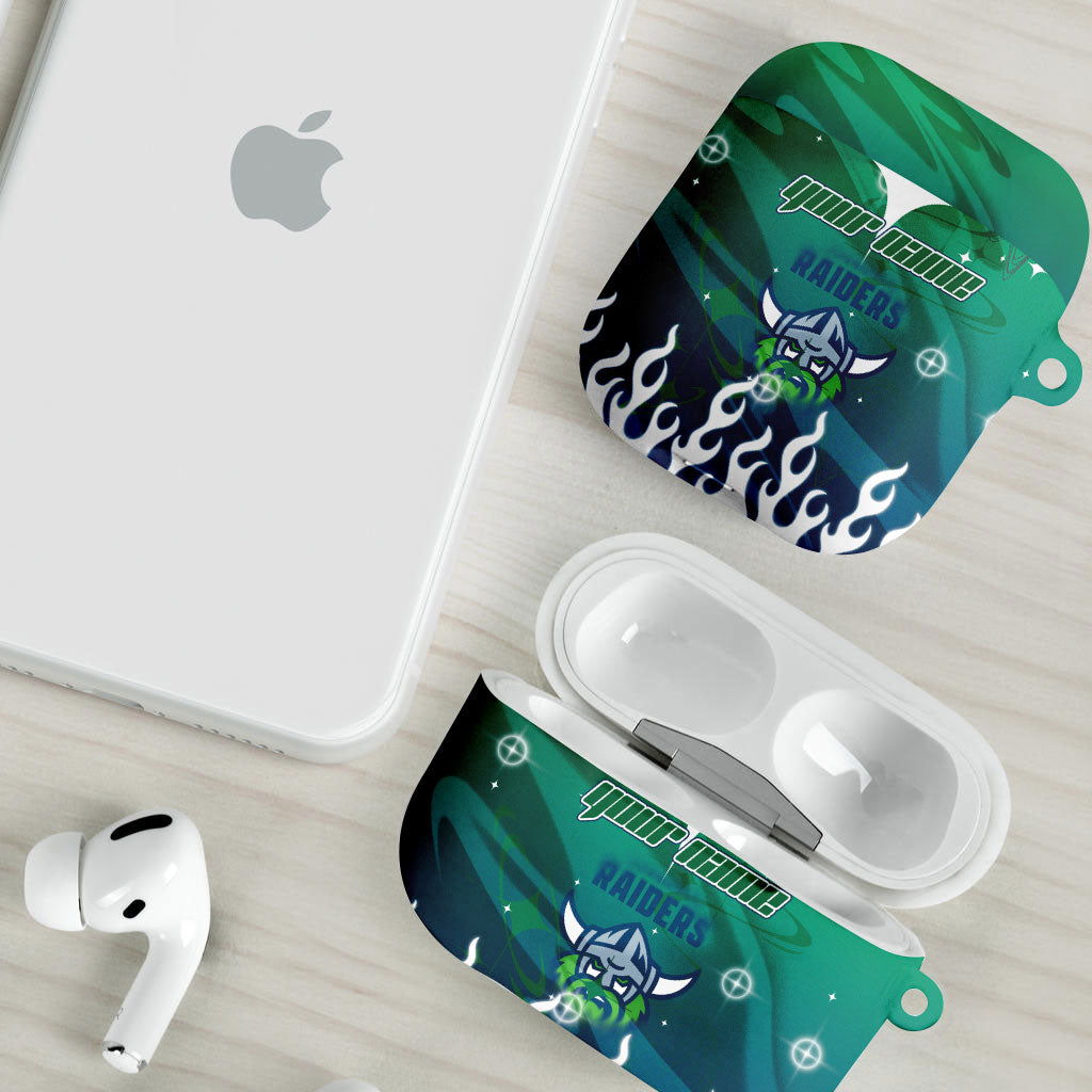 Personalized Canberra Raiders AirPods Case Y2K Grunge Aesthetic With Cyber Flames and Starburst Graphics
