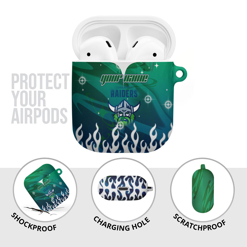 Personalized Canberra Raiders AirPods Case Y2K Grunge Aesthetic With Cyber Flames and Starburst Graphics