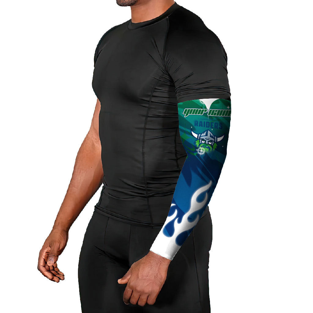 Personalized Canberra Raiders Arm Sleeves Y2K Grunge Aesthetic With Cyber Flames and Starburst Graphics