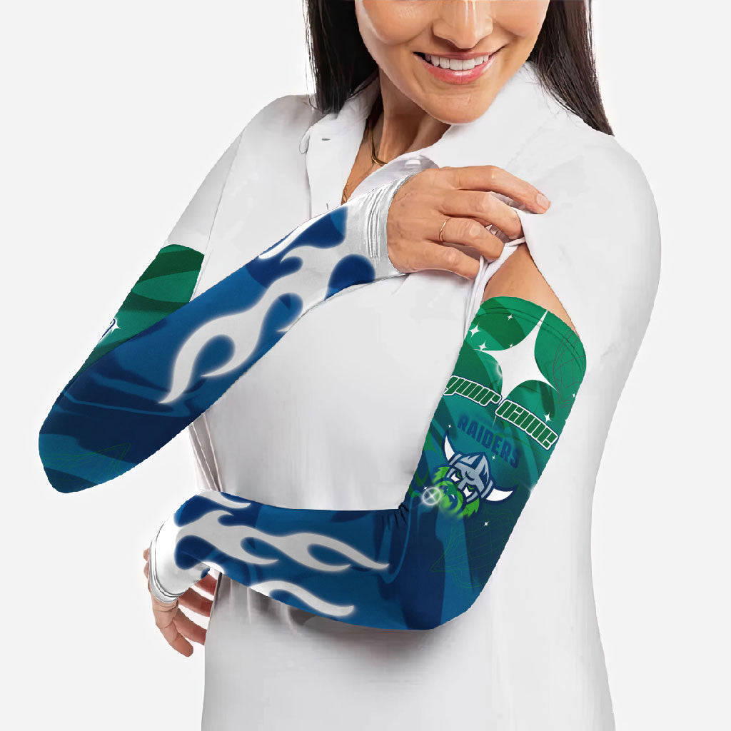 Personalized Canberra Raiders Arm Sleeves Y2K Grunge Aesthetic With Cyber Flames and Starburst Graphics