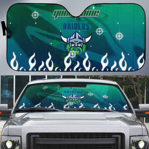 Personalized Canberra Raiders Auto Sun Shade Y2K Grunge Aesthetic With Cyber Flames and Starburst Graphics