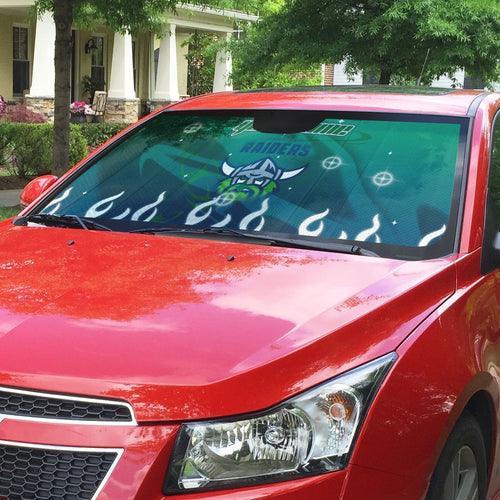 Personalized Canberra Raiders Auto Sun Shade Y2K Grunge Aesthetic With Cyber Flames and Starburst Graphics