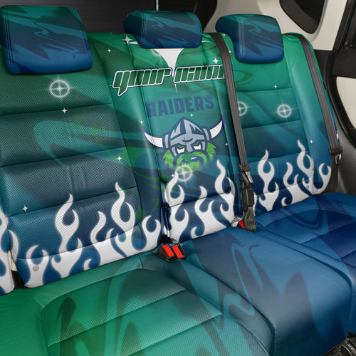 Personalized Canberra Raiders Back Car Seat Cover Y2K Grunge Aesthetic With Cyber Flames and Starburst Graphics