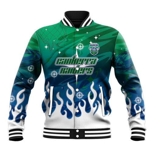 Personalized Canberra Raiders Baseball Jacket Y2K Grunge Aesthetic With Cyber Flames and Starburst Graphics