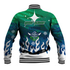 Personalized Canberra Raiders Baseball Jacket Y2K Grunge Aesthetic With Cyber Flames and Starburst Graphics