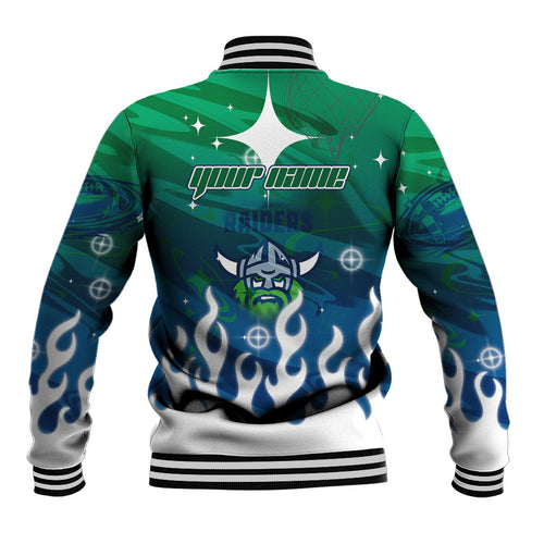 Personalized Canberra Raiders Baseball Jacket Y2K Grunge Aesthetic With Cyber Flames and Starburst Graphics