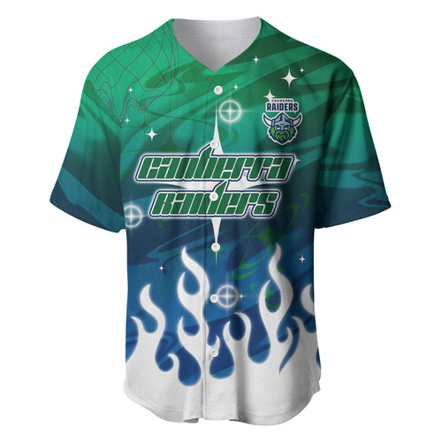 Personalized Canberra Raiders Baseball Jersey Y2K Grunge Aesthetic With Cyber Flames and Starburst Graphics