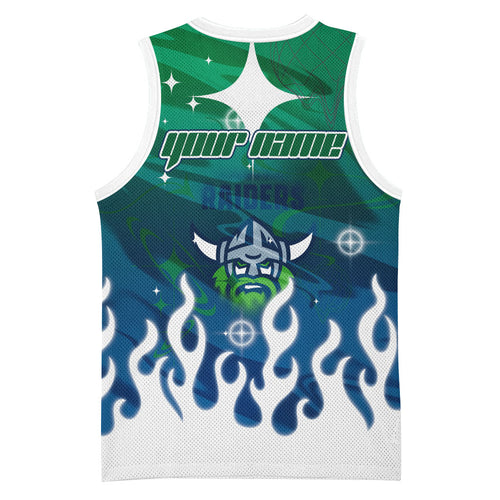 Personalized Canberra Raiders Basketball Jersey Y2K Grunge Aesthetic With Cyber Flames and Starburst Graphics