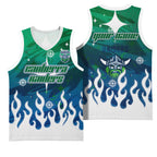 Personalized Canberra Raiders Basketball Jersey Y2K Grunge Aesthetic With Cyber Flames and Starburst Graphics