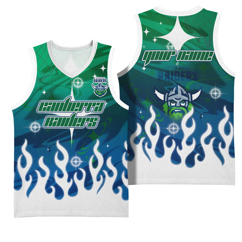 Personalized Canberra Raiders Basketball Jersey Y2K Grunge Aesthetic With Cyber Flames and Starburst Graphics