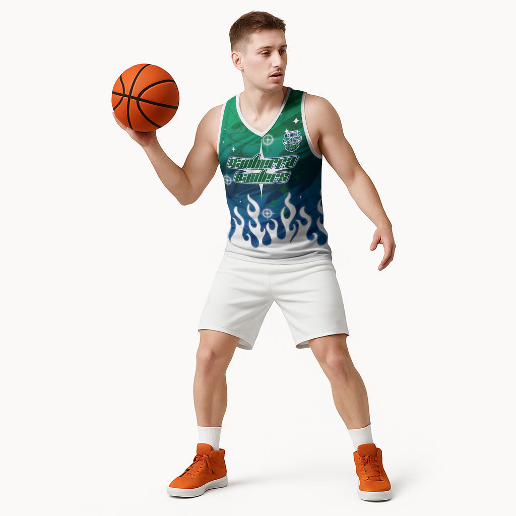 Personalized Canberra Raiders Basketball Jersey Y2K Grunge Aesthetic With Cyber Flames and Starburst Graphics