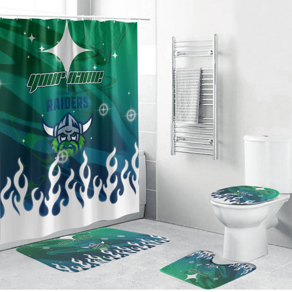Personalized Canberra Raiders Bathroom Set Y2K Grunge Aesthetic With Cyber Flames and Starburst Graphics
