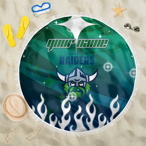 Personalized Canberra Raiders Beach Blanket Y2K Grunge Aesthetic With Cyber Flames and Starburst Graphics