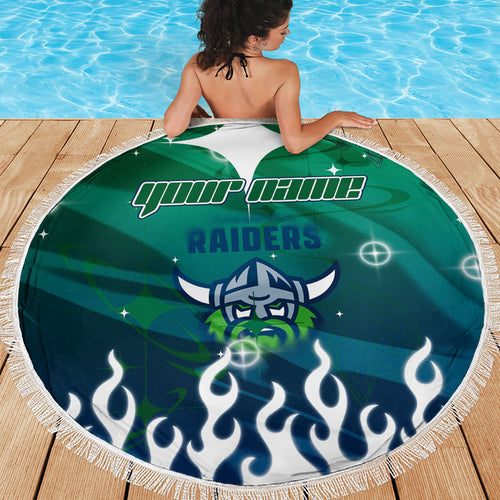 Personalized Canberra Raiders Beach Blanket Y2K Grunge Aesthetic With Cyber Flames and Starburst Graphics