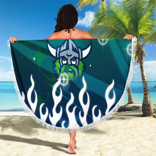 Personalized Canberra Raiders Beach Blanket Y2K Grunge Aesthetic With Cyber Flames and Starburst Graphics