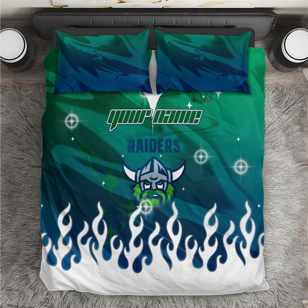 Personalized Canberra Raiders Bedding Set Y2K Grunge Aesthetic With Cyber Flames and Starburst Graphics