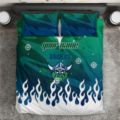 Personalized Canberra Raiders Bedding Set Y2K Grunge Aesthetic With Cyber Flames and Starburst Graphics