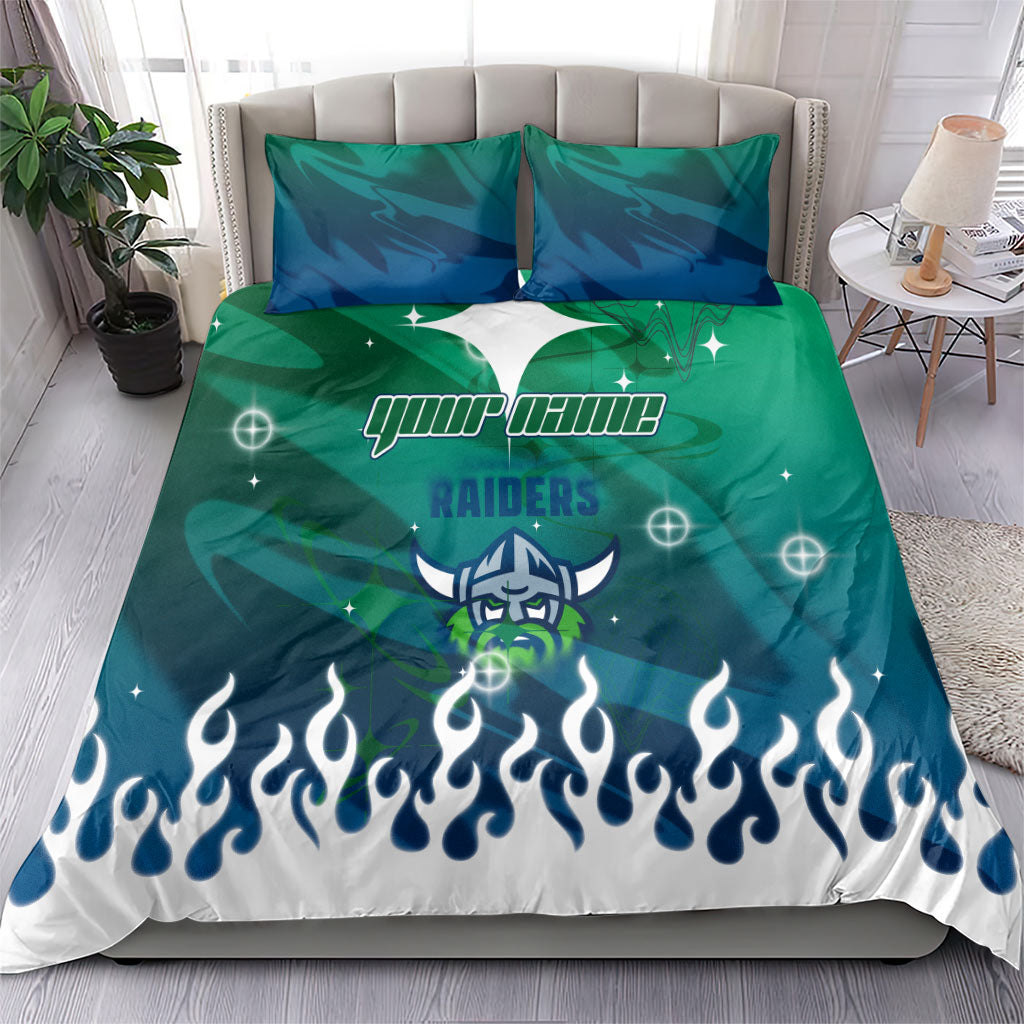 Personalized Canberra Raiders Bedding Set Y2K Grunge Aesthetic With Cyber Flames and Starburst Graphics