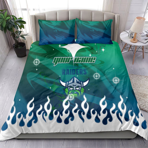 Personalized Canberra Raiders Bedding Set Y2K Grunge Aesthetic With Cyber Flames and Starburst Graphics