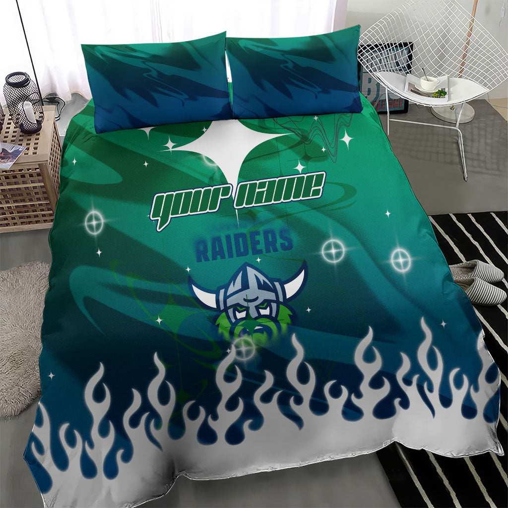 Personalized Canberra Raiders Bedding Set Y2K Grunge Aesthetic With Cyber Flames and Starburst Graphics