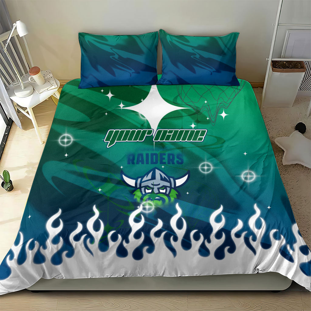 Personalized Canberra Raiders Bedding Set Y2K Grunge Aesthetic With Cyber Flames and Starburst Graphics