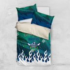 Personalized Canberra Raiders Bedding Set Y2K Grunge Aesthetic With Cyber Flames and Starburst Graphics