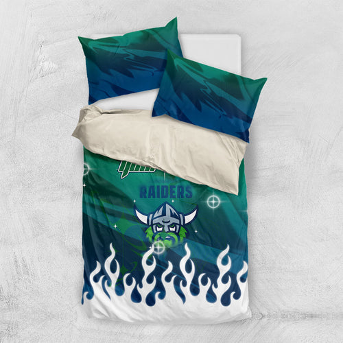 Personalized Canberra Raiders Bedding Set Y2K Grunge Aesthetic With Cyber Flames and Starburst Graphics