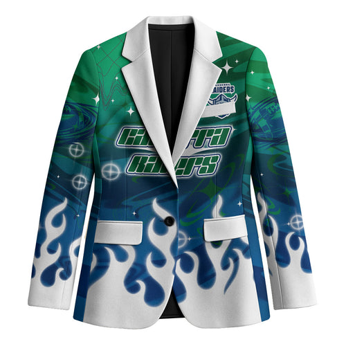 Personalized Canberra Raiders Blazer Y2K Grunge Aesthetic With Cyber Flames and Starburst Graphics