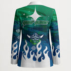 Personalized Canberra Raiders Blazer Y2K Grunge Aesthetic With Cyber Flames and Starburst Graphics