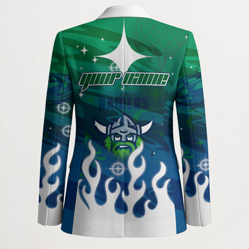 Personalized Canberra Raiders Blazer Y2K Grunge Aesthetic With Cyber Flames and Starburst Graphics