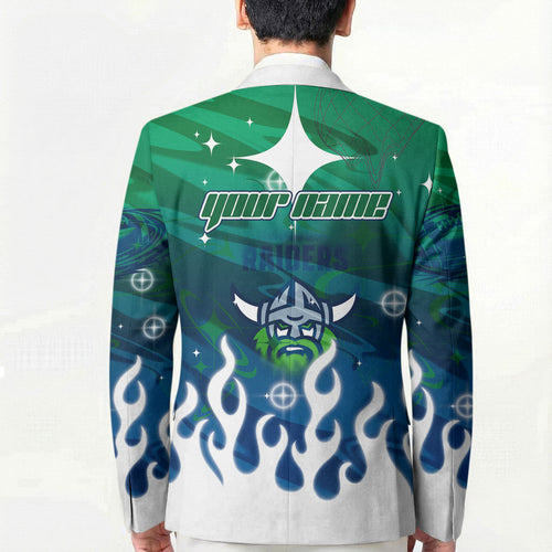 Personalized Canberra Raiders Blazer Y2K Grunge Aesthetic With Cyber Flames and Starburst Graphics