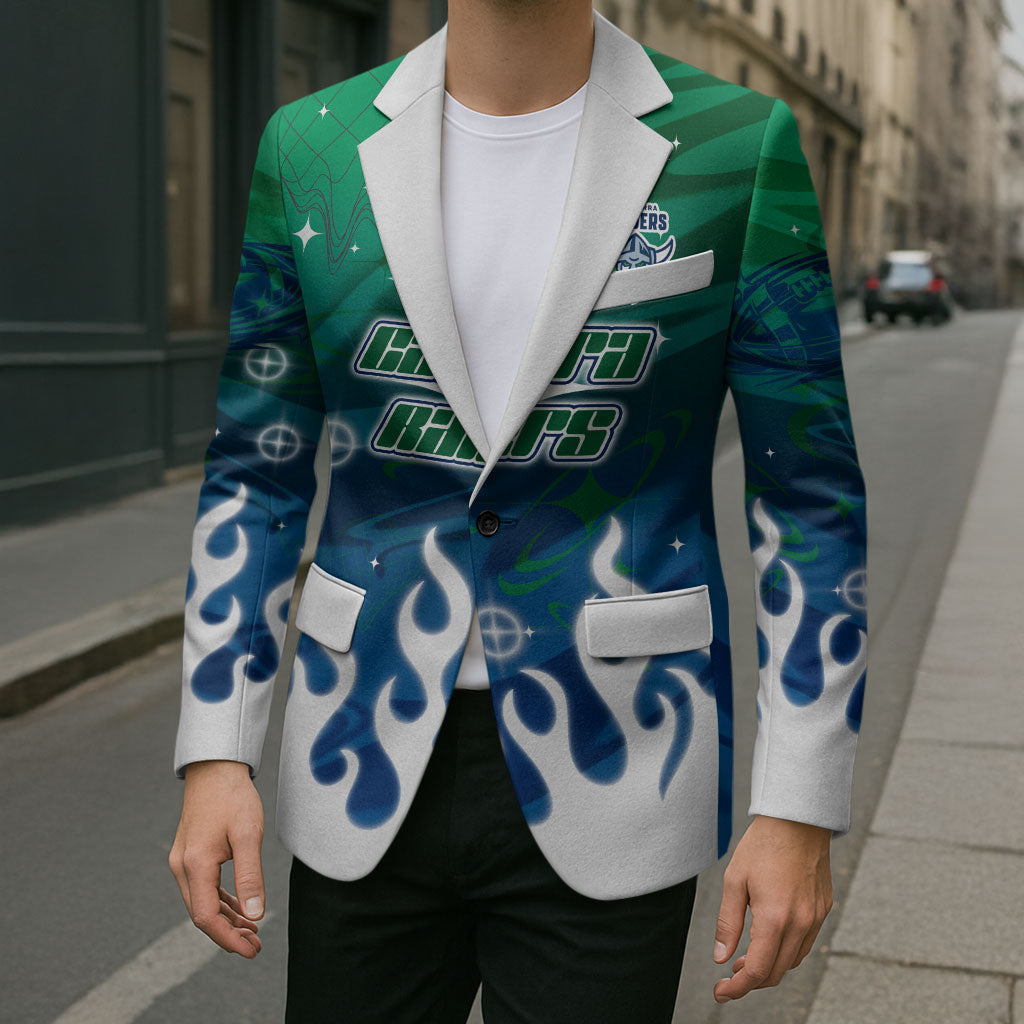 Personalized Canberra Raiders Blazer Y2K Grunge Aesthetic With Cyber Flames and Starburst Graphics