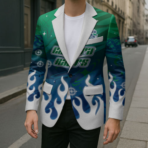 Personalized Canberra Raiders Blazer Y2K Grunge Aesthetic With Cyber Flames and Starburst Graphics