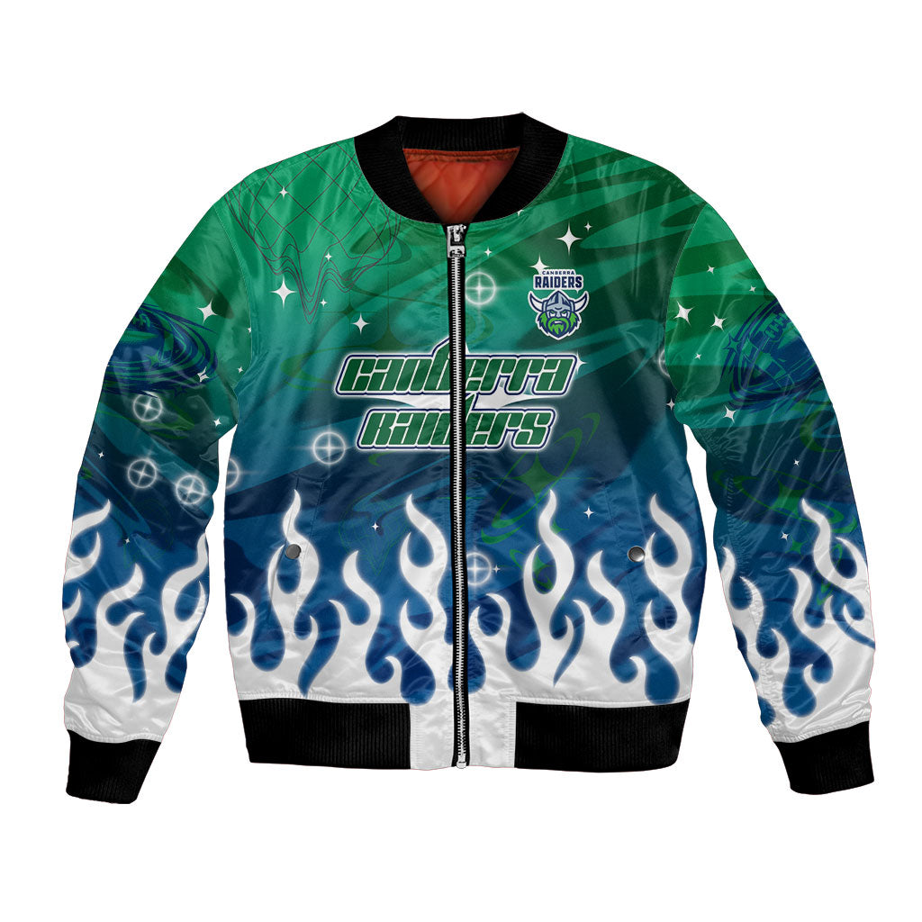 Personalized Canberra Raiders Bomber Jacket Y2K Grunge Aesthetic With Cyber Flames and Starburst Graphics