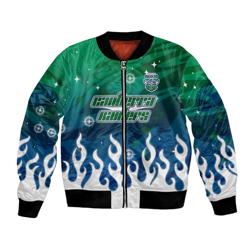 Personalized Canberra Raiders Bomber Jacket Y2K Grunge Aesthetic With Cyber Flames and Starburst Graphics