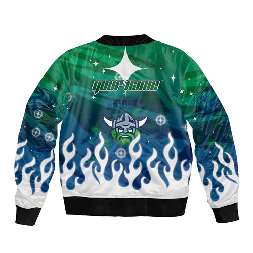 Personalized Canberra Raiders Bomber Jacket Y2K Grunge Aesthetic With Cyber Flames and Starburst Graphics