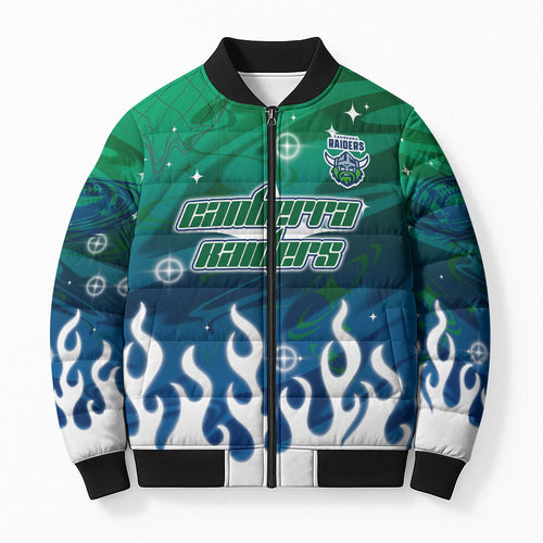 Personalized Canberra Raiders Bomber Puffer Jacket Y2K Grunge Aesthetic With Cyber Flames and Starburst Graphics
